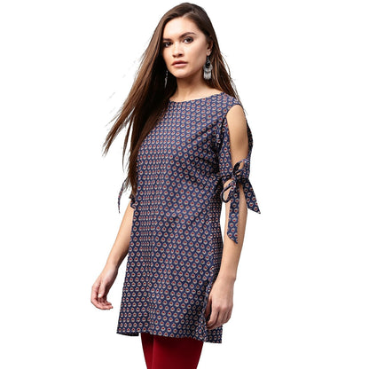Women's Blue Printed Half Sleeve With Cold Shoulder Cotton Tunic