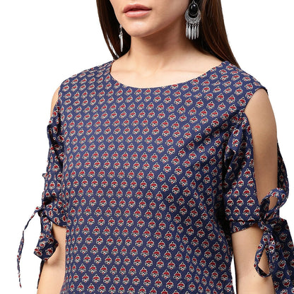 Women's Blue Printed Half Sleeve With Cold Shoulder Cotton Tunic