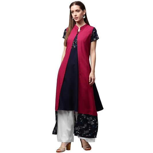 Women's Blue Printed Short Sleeve Crepe A-Line Kurta With Pink Jacket