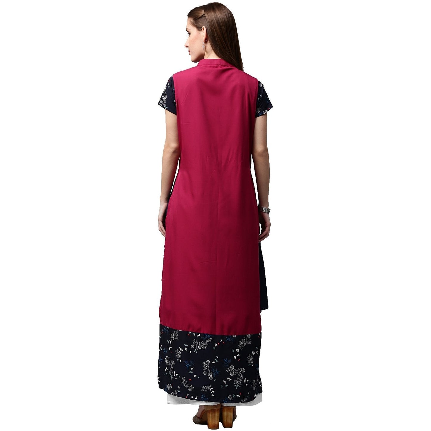 Women's Blue Printed Short Sleeve Crepe A-Line Kurta With Pink Jacket