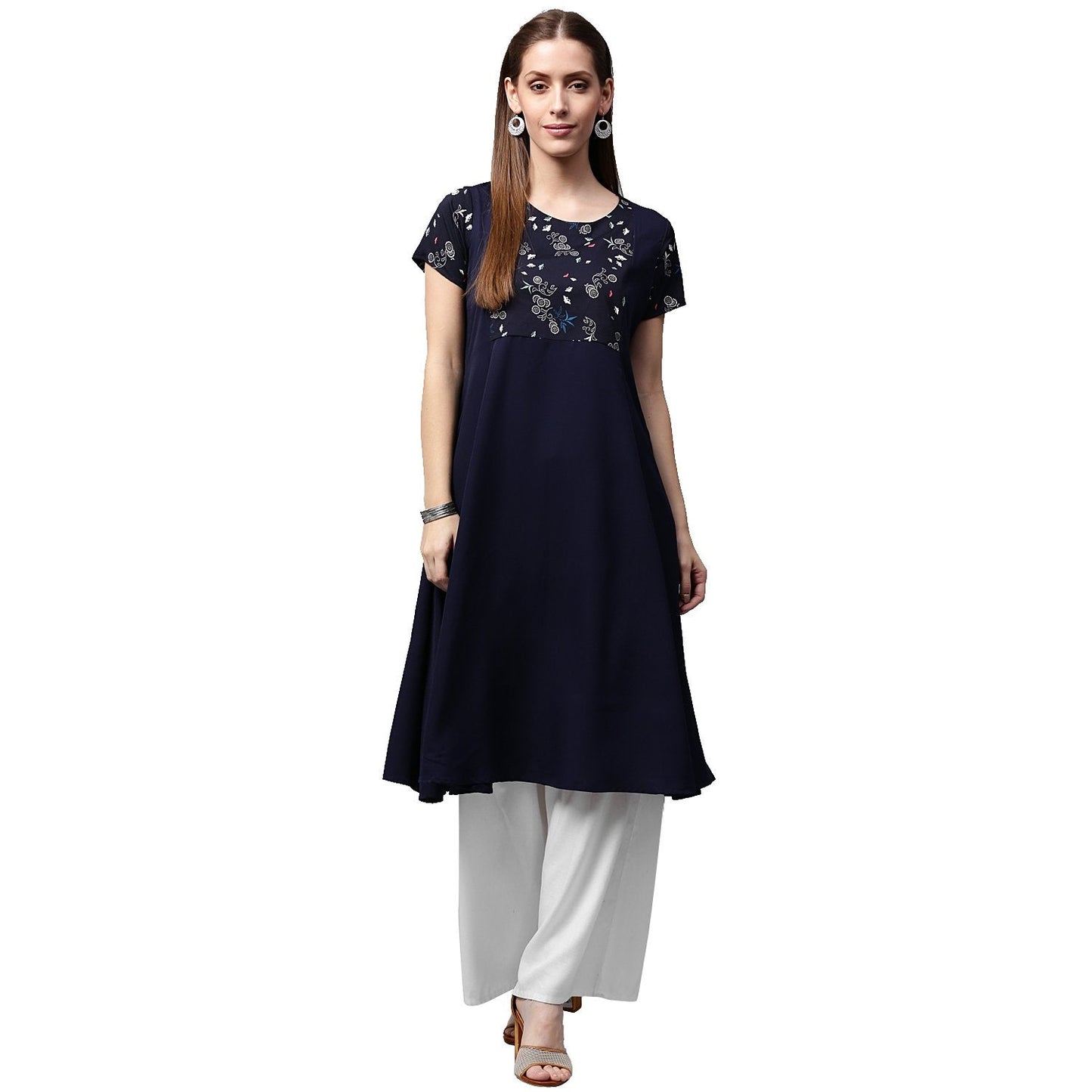 Women's Blue Printed Short Sleeve Crepe A-Line Kurta With Pink Jacket