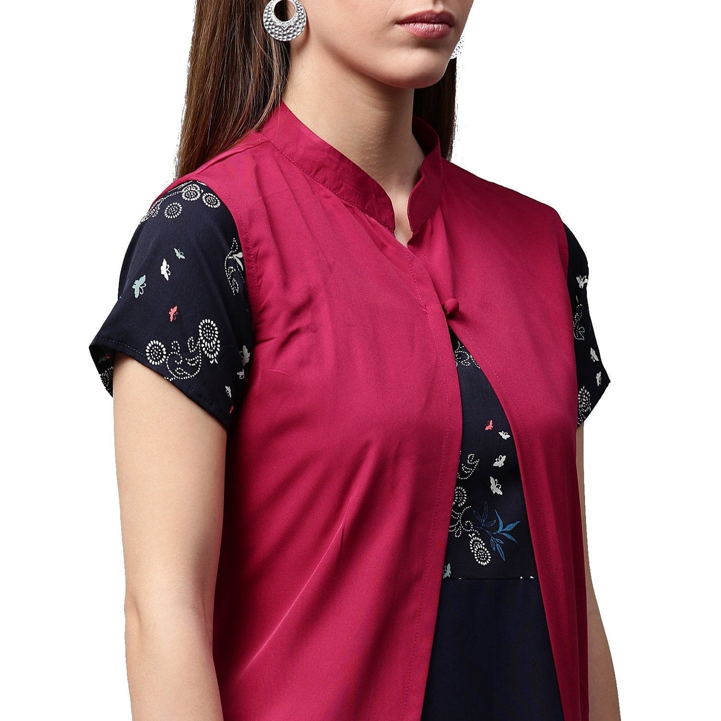 Women's Blue Printed Short Sleeve Crepe A-Line Kurta With Pink Jacket