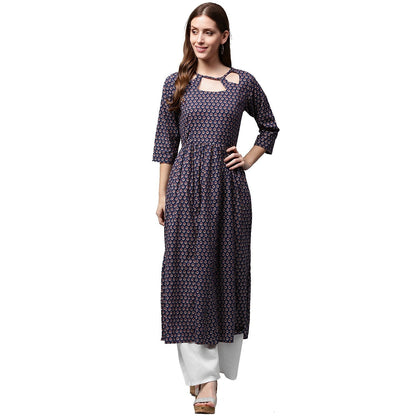 Women's Blue Printed Half Sleeve Cotton Anarkali Kurta