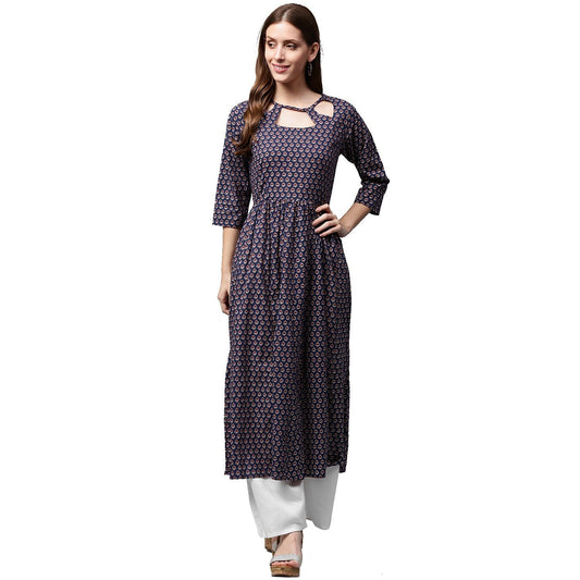 Women's Blue Printed Half Sleeve Cotton Anarkali Kurta