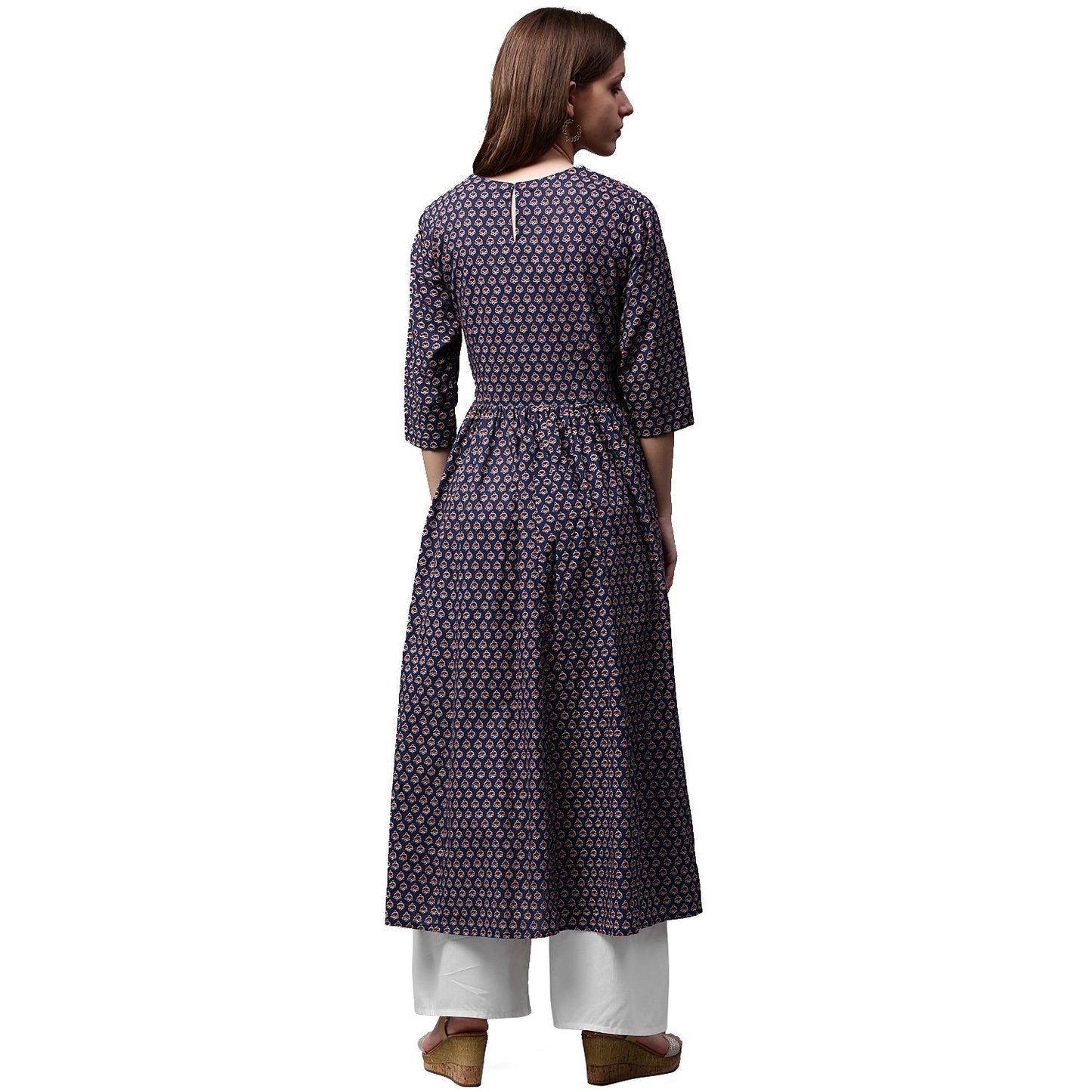 Women's Blue Printed Half Sleeve Cotton Anarkali Kurta