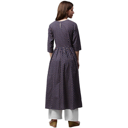Women's Blue Printed Half Sleeve Cotton Anarkali Kurta