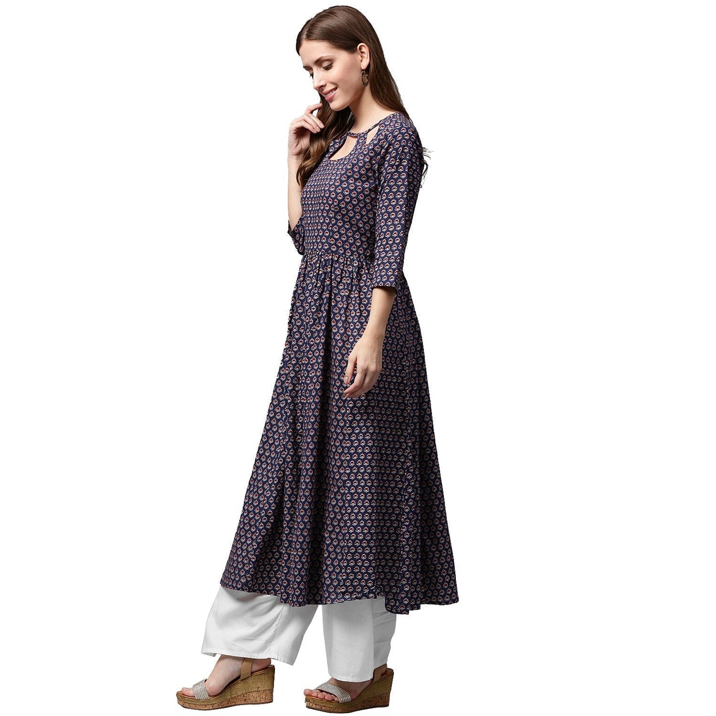 Women's Blue Printed Half Sleeve Cotton Anarkali Kurta