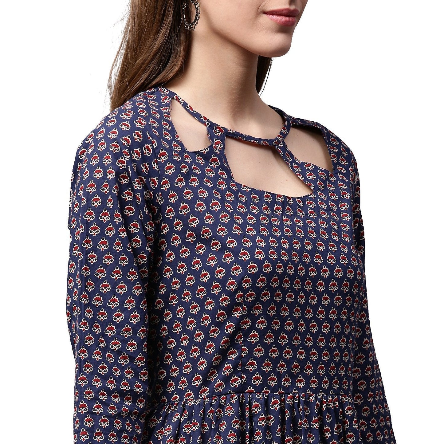 Women's Blue Printed Half Sleeve Cotton Anarkali Kurta
