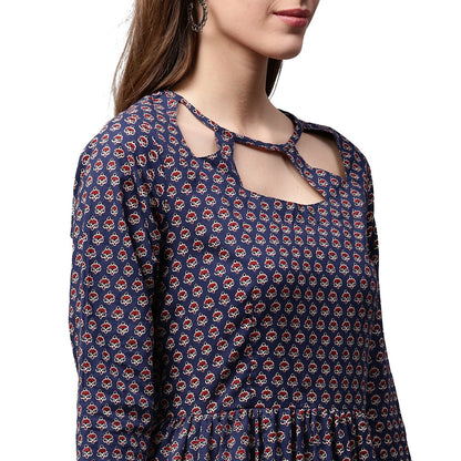 Women's Blue Printed Half Sleeve Cotton Anarkali Kurta