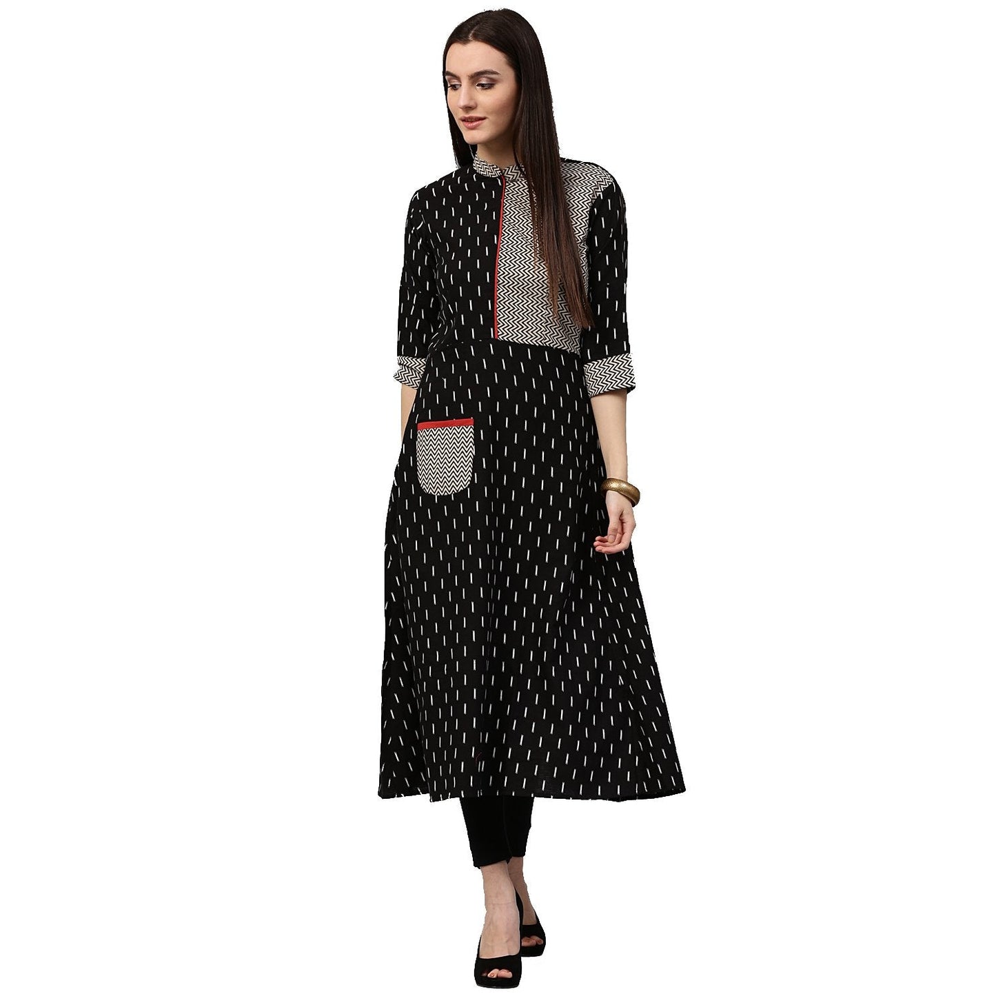 Women's Black Printed 3/4Th Sleeve Cotton A-Line Kurta With Pocket