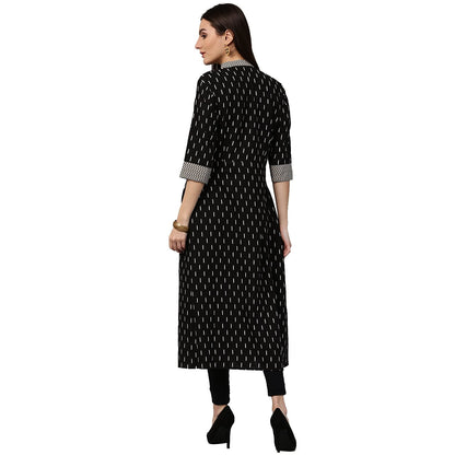 Women's Black Printed 3/4Th Sleeve Cotton A-Line Kurta With Pocket