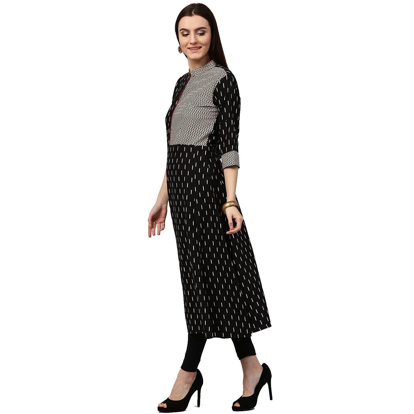Women's Black Printed 3/4Th Sleeve Cotton A-Line Kurta With Pocket