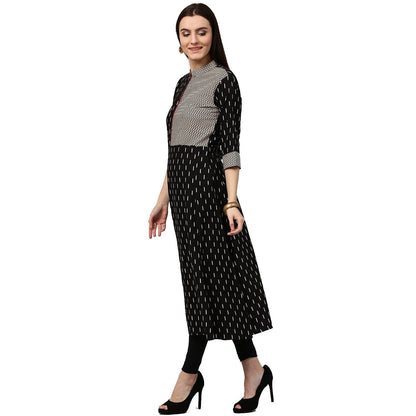 Women's Black Printed 3/4Th Sleeve Cotton A-Line Kurta With Pocket