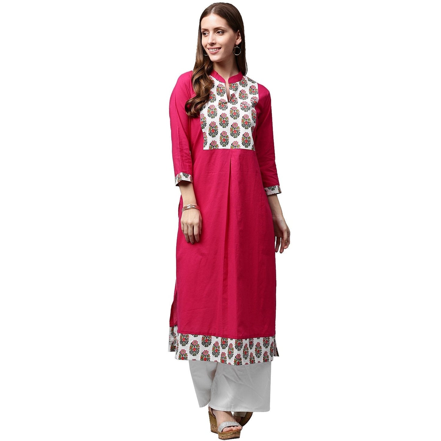 Women's Pink Printed 3/4Th Sleeve Cotton Kurta