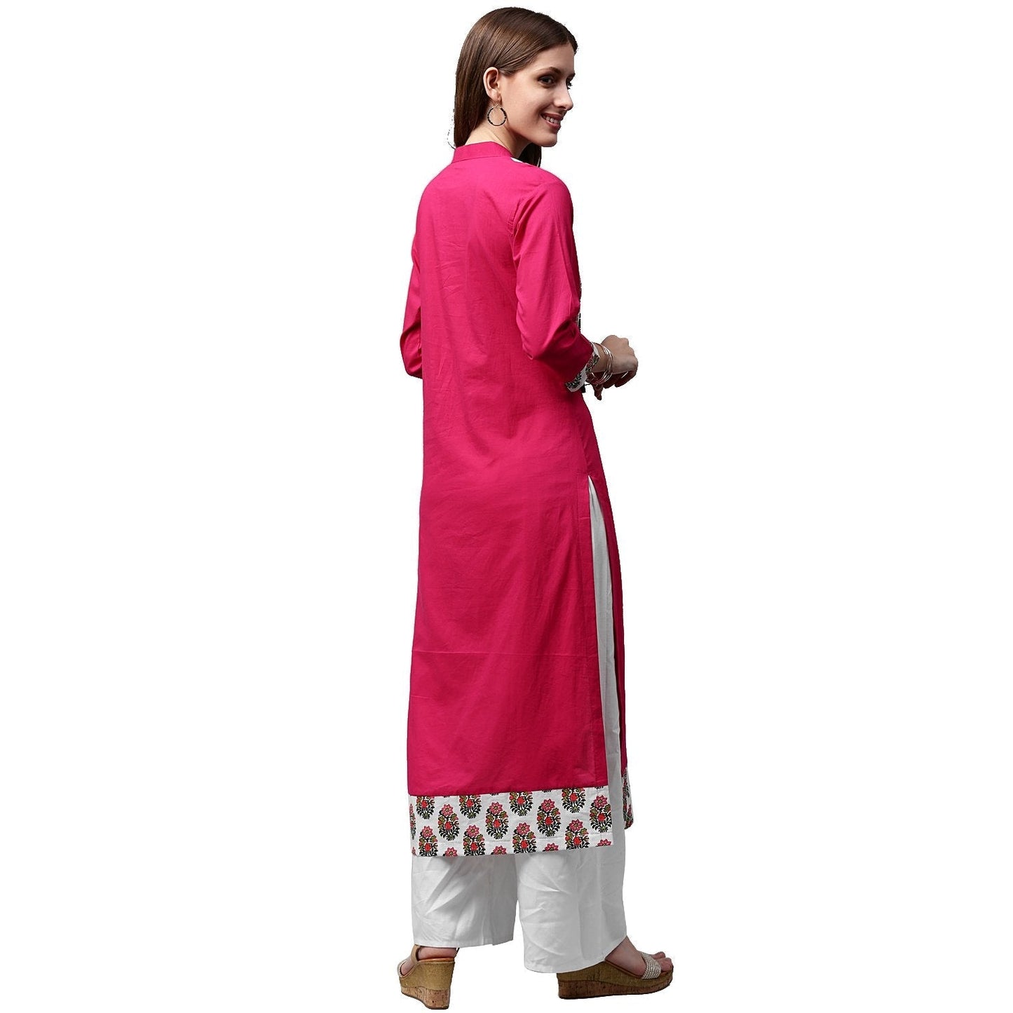 Women's Pink Printed 3/4Th Sleeve Cotton Kurta