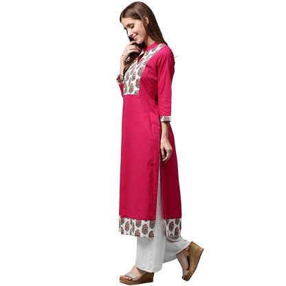 Women's Pink Printed 3/4Th Sleeve Cotton Kurta