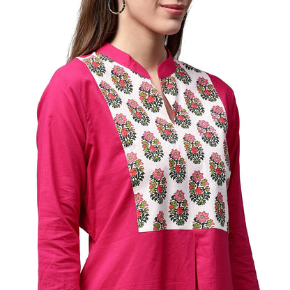 Women's Pink Printed 3/4Th Sleeve Cotton Kurta