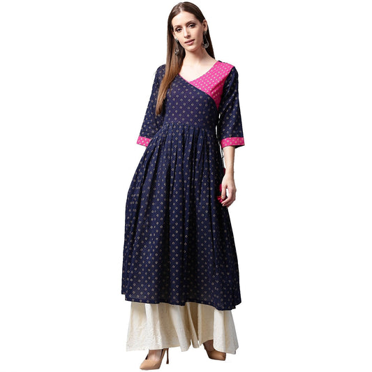 Women's Navy Blue Printed 3/4Th Sleeve Cotton Anghrakha Style Anarkali Kurta