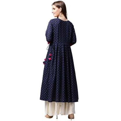 Women's Navy Blue Printed 3/4Th Sleeve Cotton Anghrakha Style Anarkali Kurta
