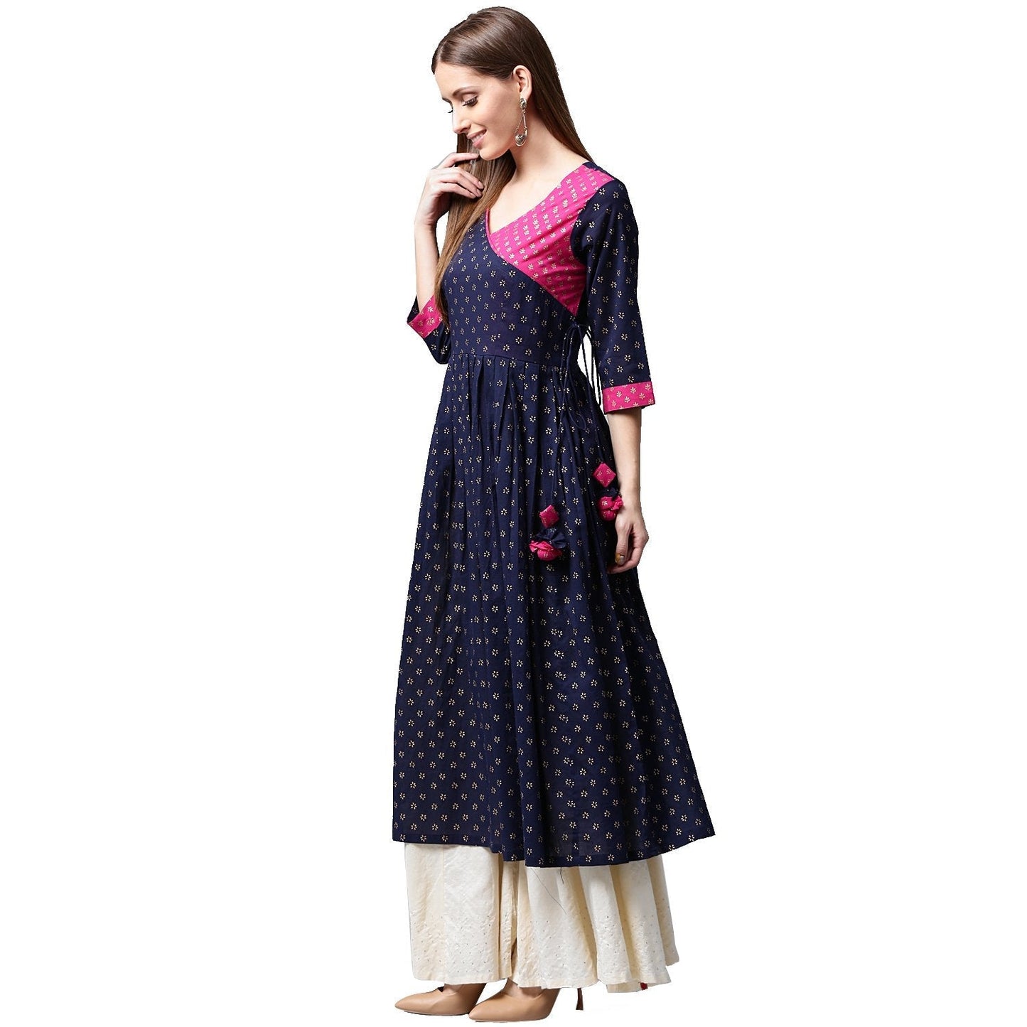 Women's Navy Blue Printed 3/4Th Sleeve Cotton Anghrakha Style Anarkali Kurta