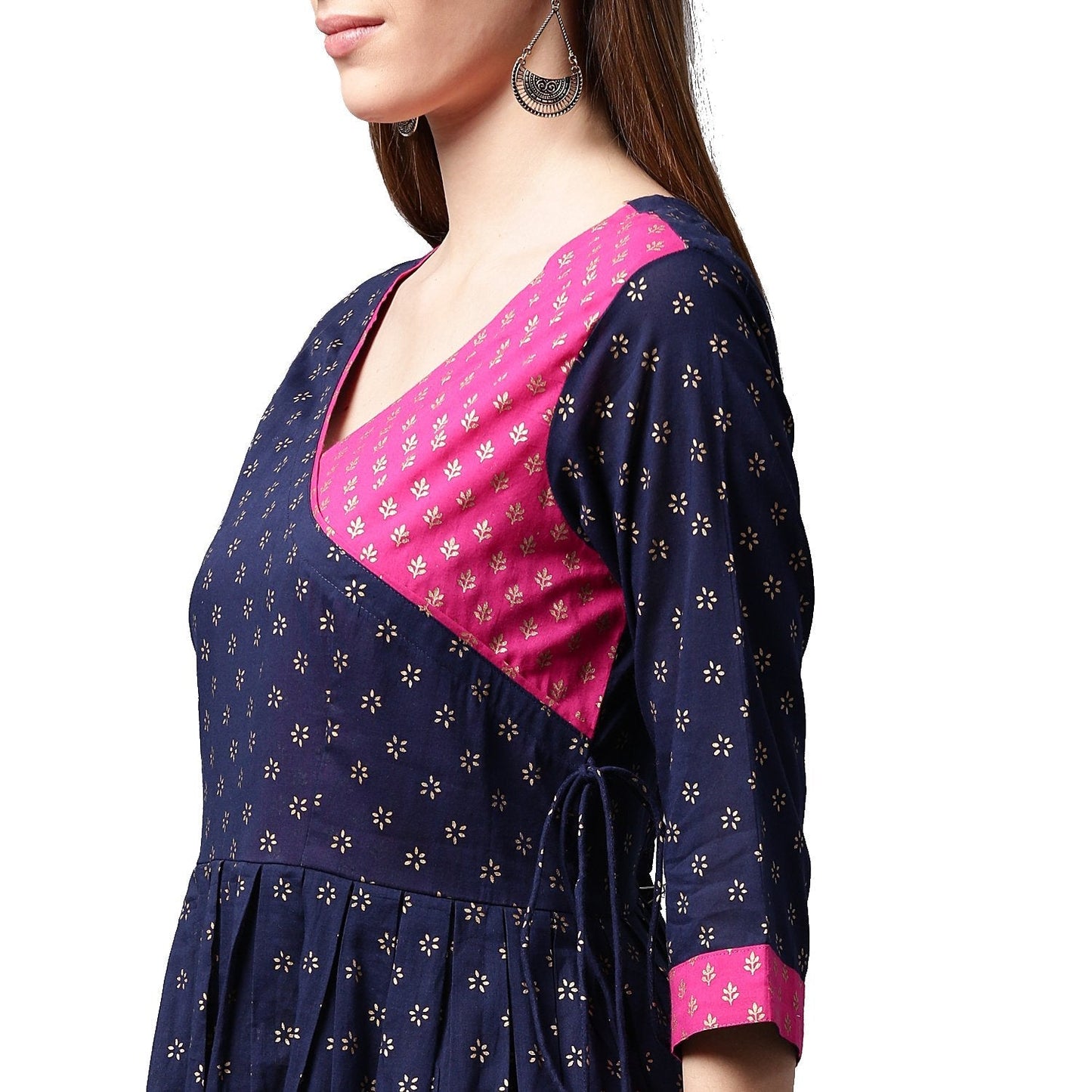 Women's Navy Blue Printed 3/4Th Sleeve Cotton Anghrakha Style Anarkali Kurta