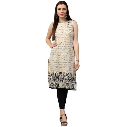 Women's Off White Printed Sleeveless Cotton Kurta