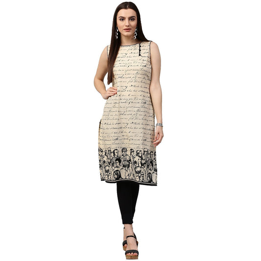 Women's Off White Printed Sleeveless Cotton Kurta