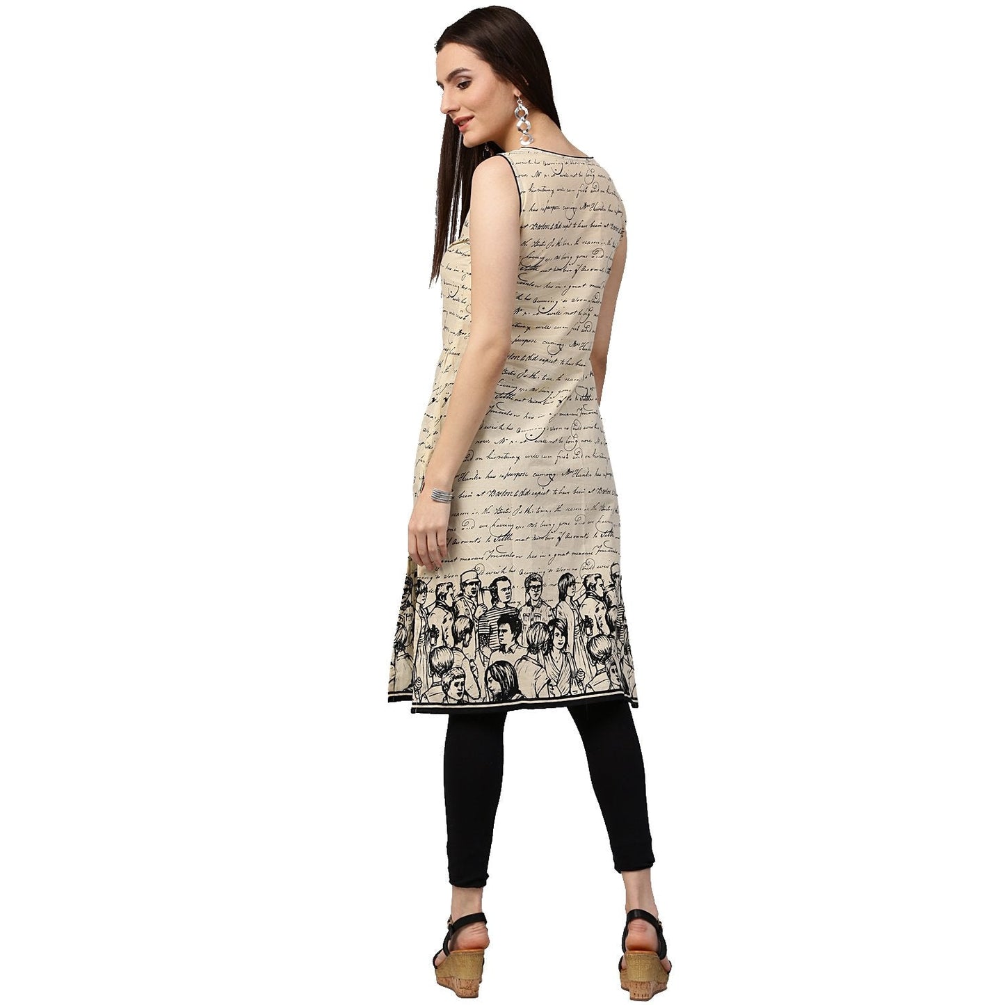 Women's Off White Printed Sleeveless Cotton Kurta