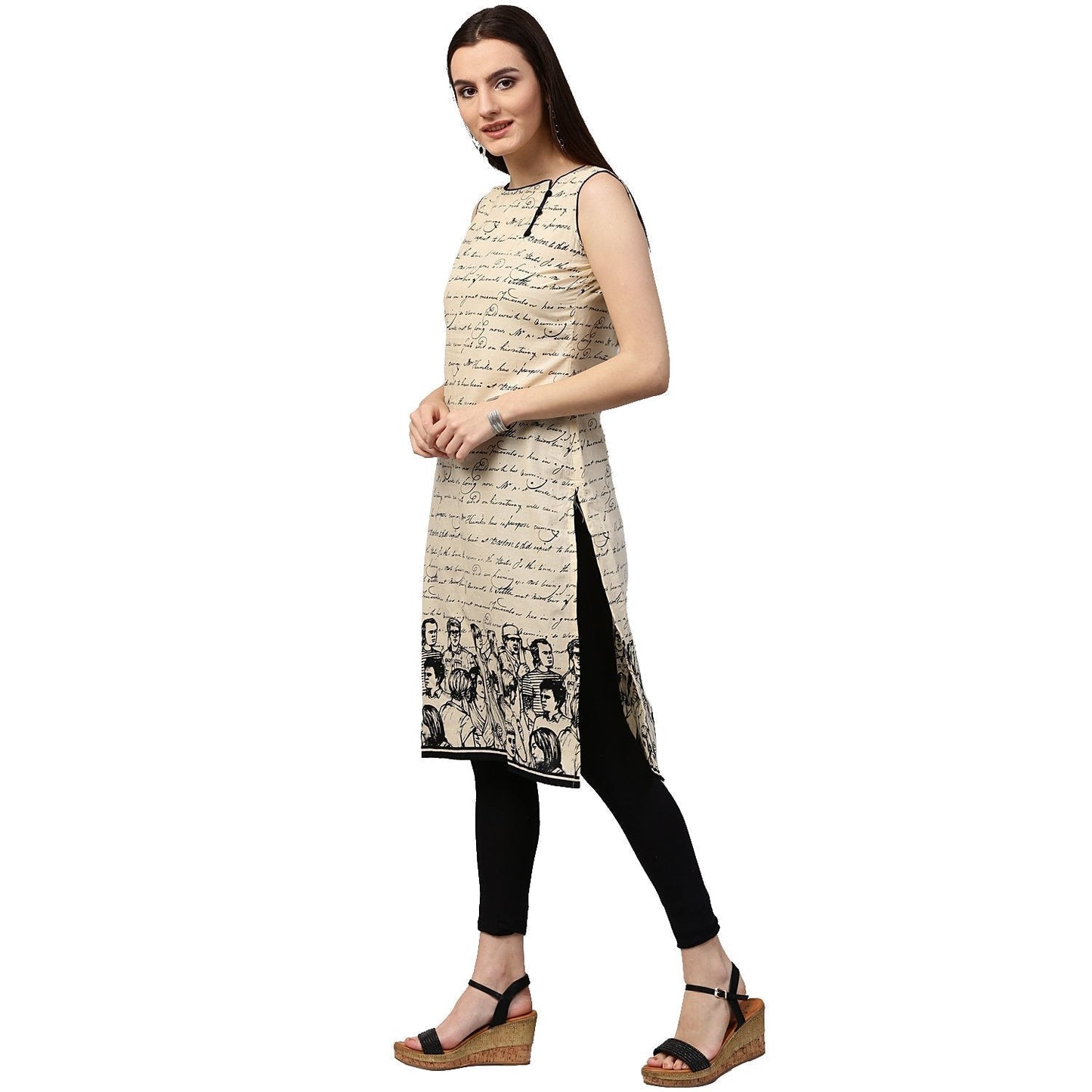 Women's Off White Printed Sleeveless Cotton Kurta