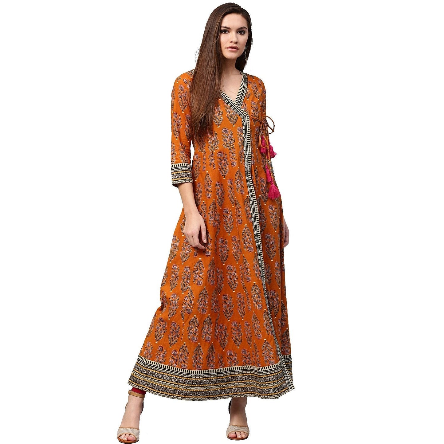 Women's Mustard Printed 3/4Th Sleeve Cotton Angrakha Anarkali Kurta