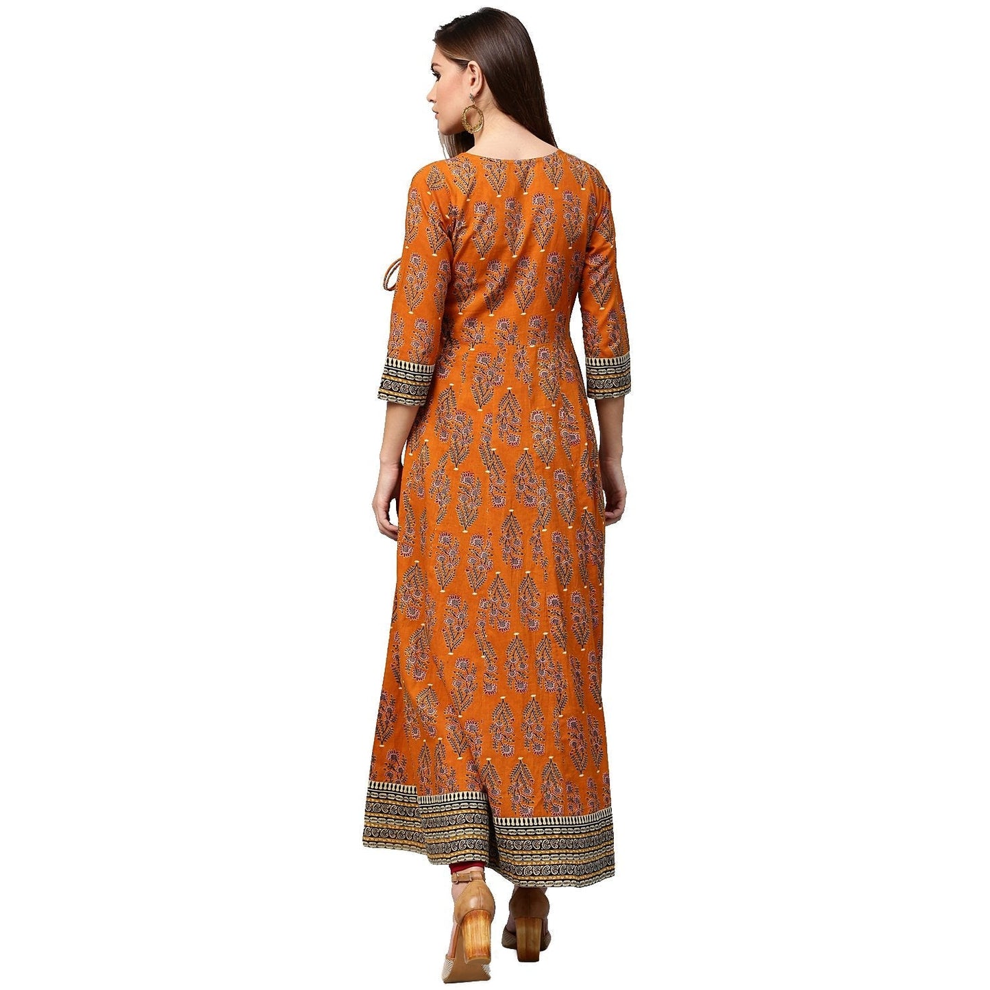 Women's Mustard Printed 3/4Th Sleeve Cotton Angrakha Anarkali Kurta