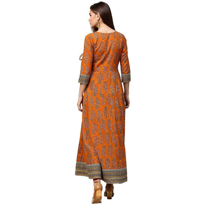 Women's Mustard Printed 3/4Th Sleeve Cotton Angrakha Anarkali Kurta