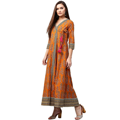 Women's Mustard Printed 3/4Th Sleeve Cotton Angrakha Anarkali Kurta