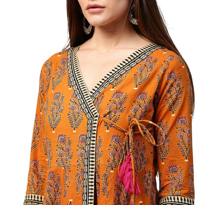 Women's Mustard Printed 3/4Th Sleeve Cotton Angrakha Anarkali Kurta