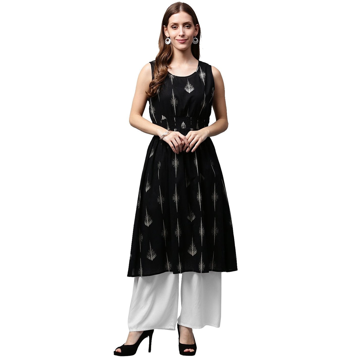 Women's Black Printed Sleeveless Cotton A-Line Kurta