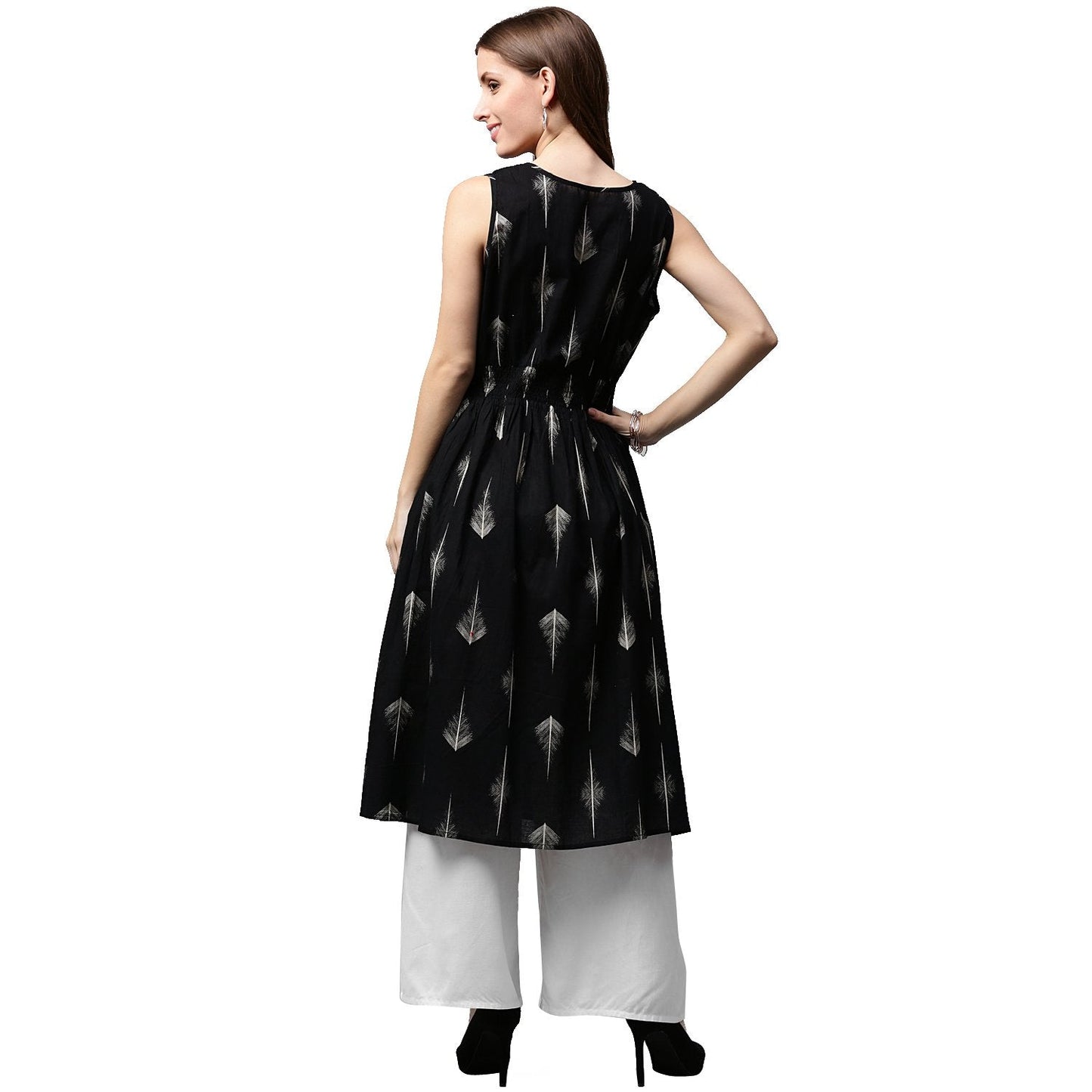 Women's Black Printed Sleeveless Cotton A-Line Kurta