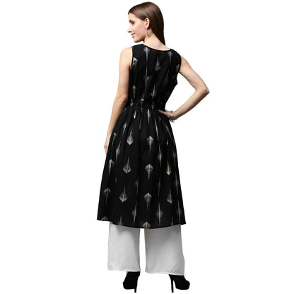 Women's Black Printed Sleeveless Cotton A-Line Kurta
