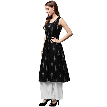 Women's Black Printed Sleeveless Cotton A-Line Kurta