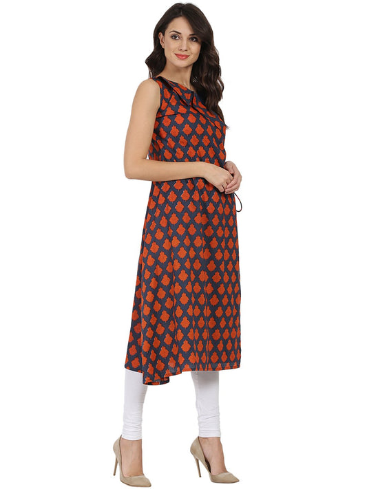 Women's Blue Printed Sleeveless Cotton Angrakha Style Kurta
