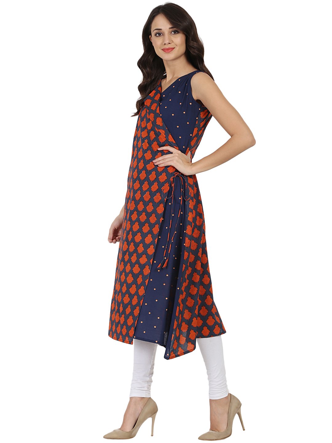Women's Blue Printed Sleeveless Cotton Angrakha Style Kurta