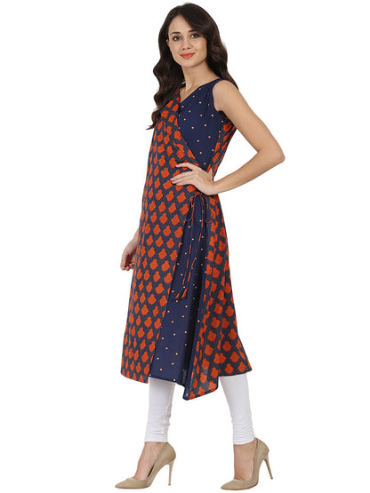 Women's Blue Printed Sleeveless Cotton Angrakha Style Kurta