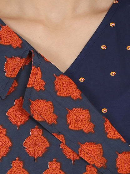 Women's Blue Printed Sleeveless Cotton Angrakha Style Kurta