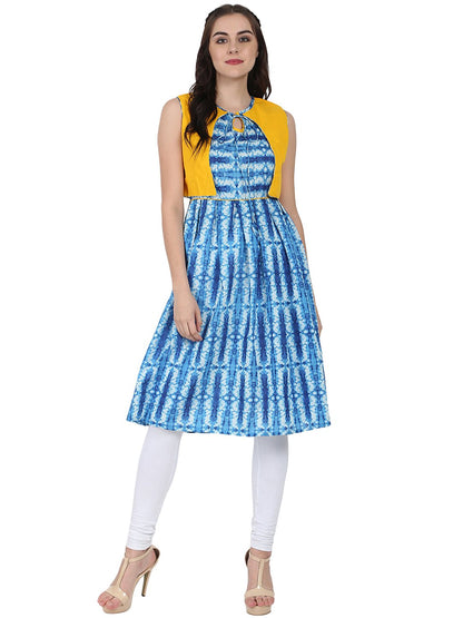 Women's Blue Printed Sleeveless Cotton Anarkali Kurta With Yellow Jacket