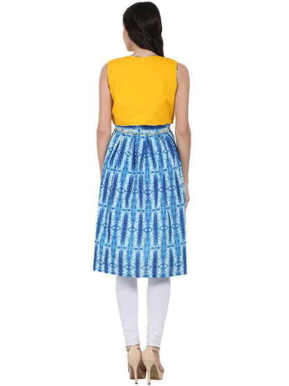 Women's Blue Printed Sleeveless Cotton Anarkali Kurta With Yellow Jacket
