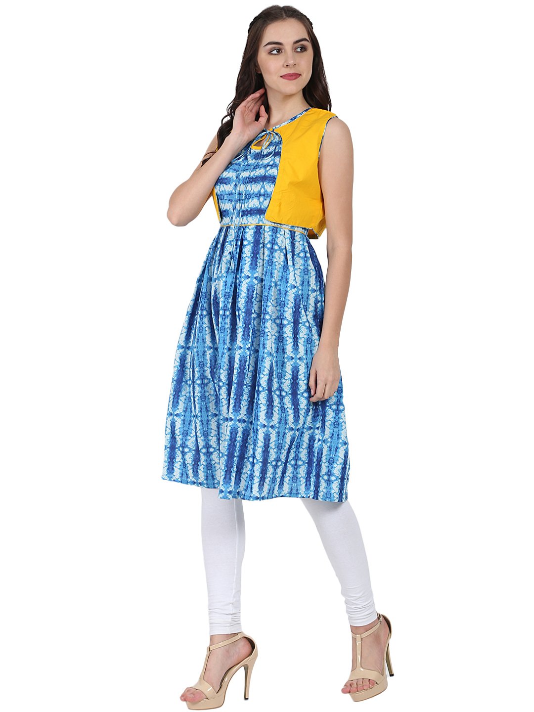 Women's Blue Printed Sleeveless Cotton Anarkali Kurta With Yellow Jacket