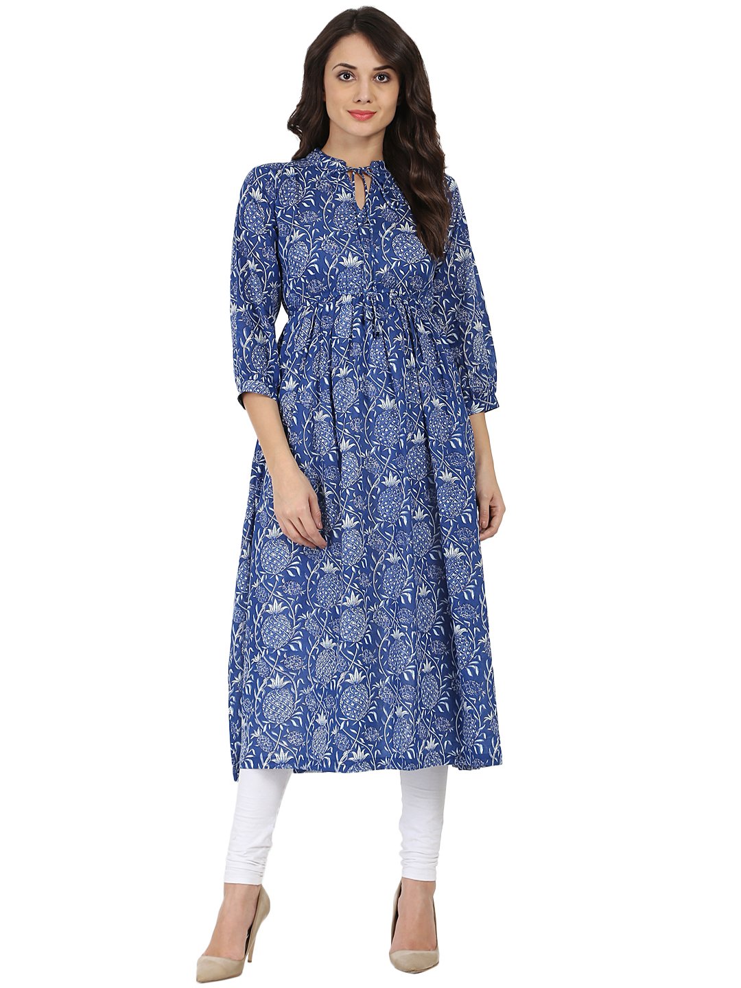 Women's Blue Printed 3/4Th Sleeve Cotton Anarkali Kurta