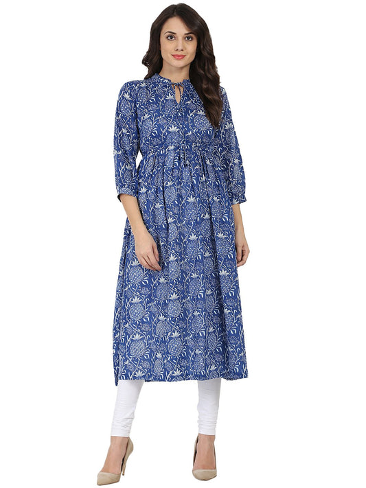 Women's Blue Printed 3/4Th Sleeve Cotton Anarkali Kurta