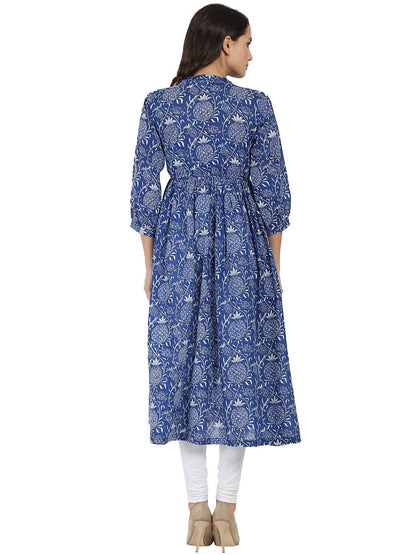 Women's Blue Printed 3/4Th Sleeve Cotton Anarkali Kurta
