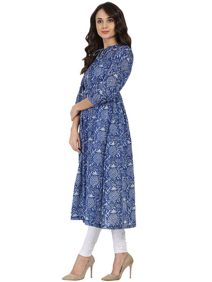 Women's Blue Printed 3/4Th Sleeve Cotton Anarkali Kurta
