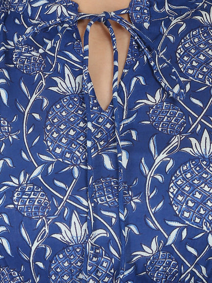 Women's Blue Printed 3/4Th Sleeve Cotton Anarkali Kurta